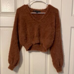 HYFVE Brown Off-the-Shoulder Cropped Sweater